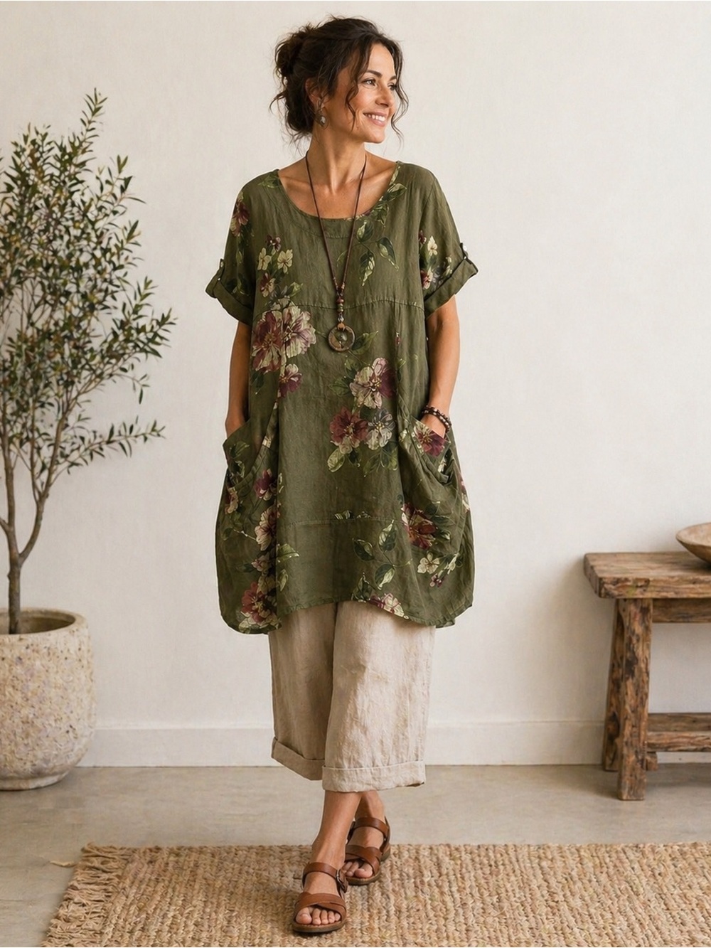 Vasna Linen Dress Small Olive Green Floral Lagenlook Tunic Italy Artsy Loose